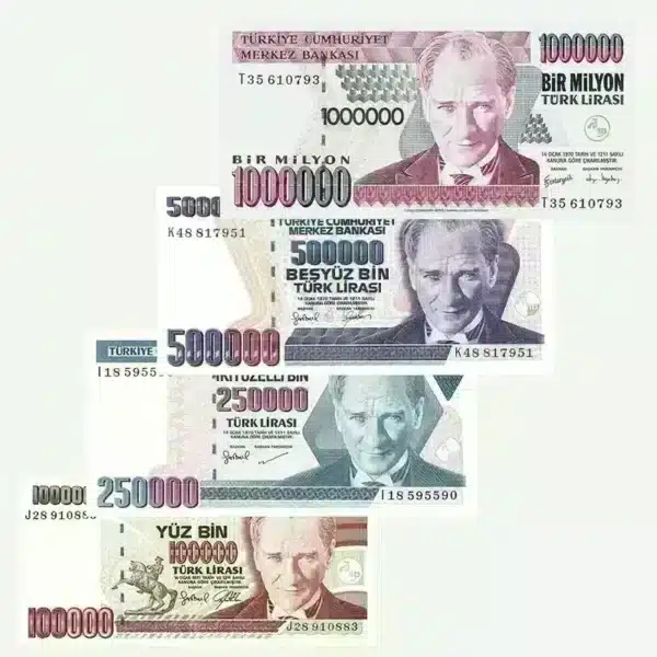 Turkey 100000, 250000, 500000 & 1000000 Lira โ 7th Issue UNC Banknote Set front view