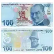 Front and back of the current 100 Lira banknote from Turkey.