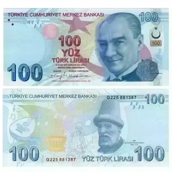 Front and back of the current 100 Lira banknote from Turkey.