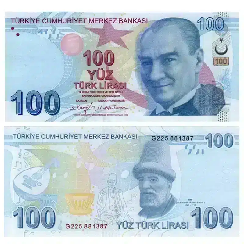 Front and back of the current 100 Lira banknote from Turkey.