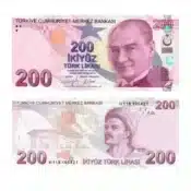Front and back of the current 200 Lira banknote from Turkey.