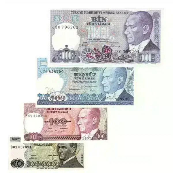 Turkey 10, 100, 500 & 1000 Lira Banknotes set โ 7th Issue (UNC)