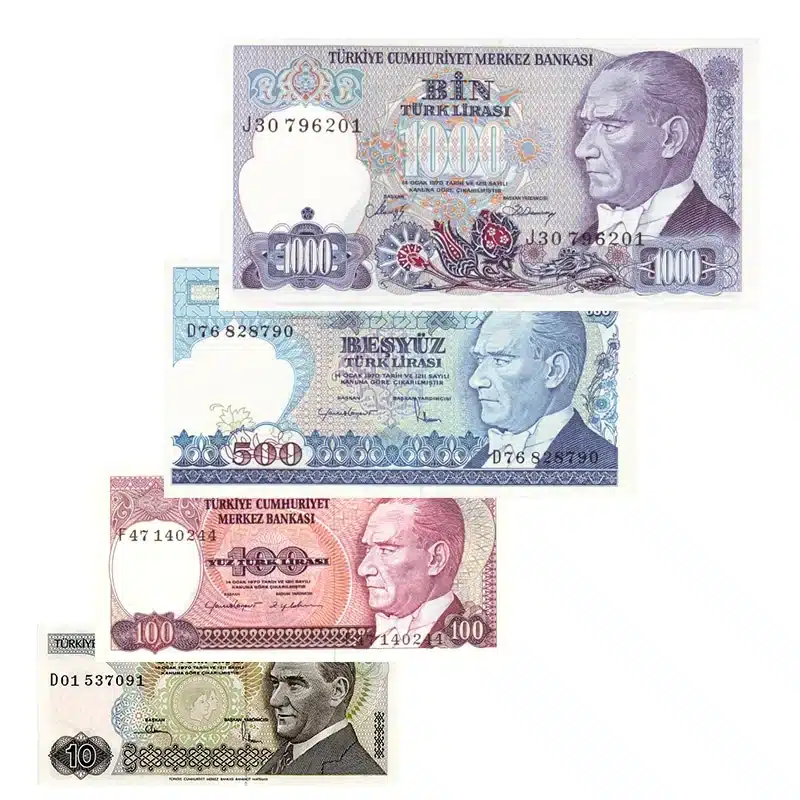 Turkey 10, 100, 500 & 1000 Lira Banknotes set – 7th Issue (UNC)