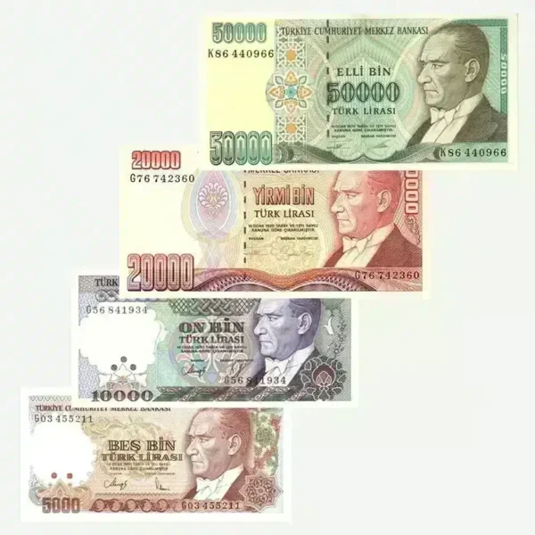 Turkey 5000, 10000, 20000 & 50000 Lira – 7th Issue UNC Banknote Set front view