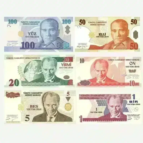 Turkey YTL Complete UNC Banknotes Set 2005 โ 1, 5, 10, 20, 50 & 100 YTL