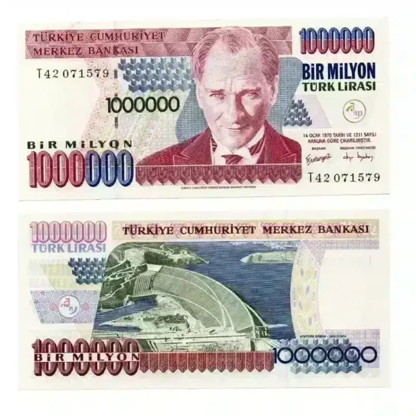 Turkey 1000000 Lira Banknote Front, Turkey 1000000 Lira Banknote Back, UNC Turkey 1000000 Lira Note, Historical Turkish Currency