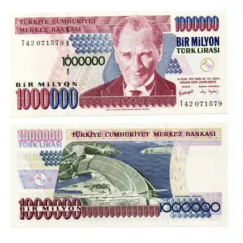 Turkey 1000000 Lira Banknote Front, Turkey 1000000 Lira Banknote Back, UNC Turkey 1000000 Lira Note, Historical Turkish Currency