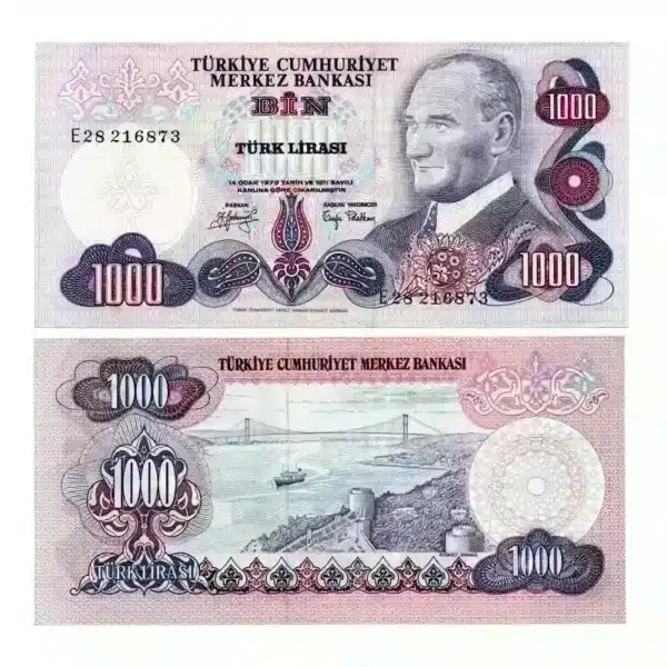 Turkey 1000 Lira Banknote Front, Turkey 1000 Lira Banknote Back, UNC Turkey 1000 Lira Note, Historical Turkish Currency year 1970