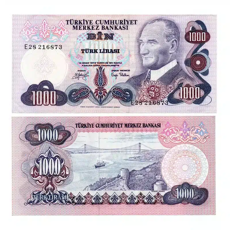 Turkey 1000 Lira Banknote Front, Turkey 1000 Lira Banknote Back, UNC Turkey 1000 Lira Note, Historical Turkish Currency year 1970