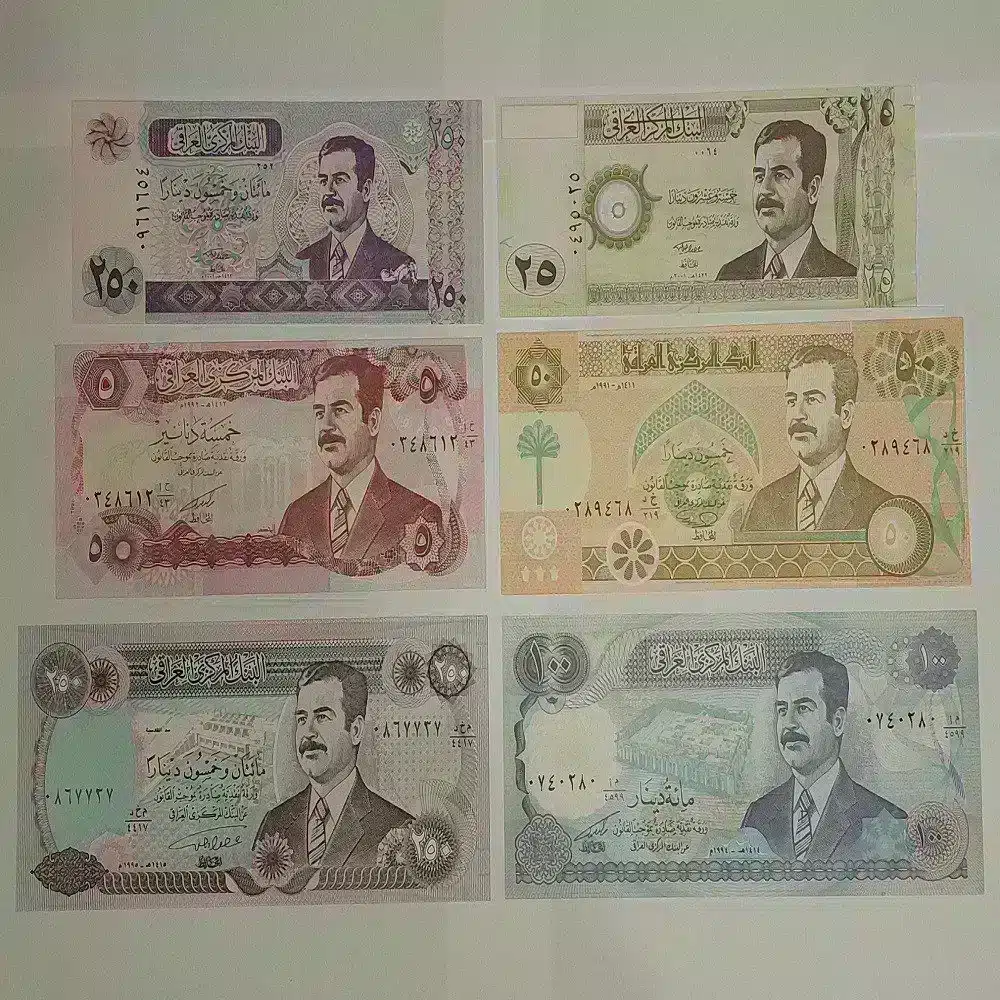 "IRAQ 6 banknote set including 5, 50, 100, 250, 25, and 250 Dinar – XF/AUNC/UNC condition"