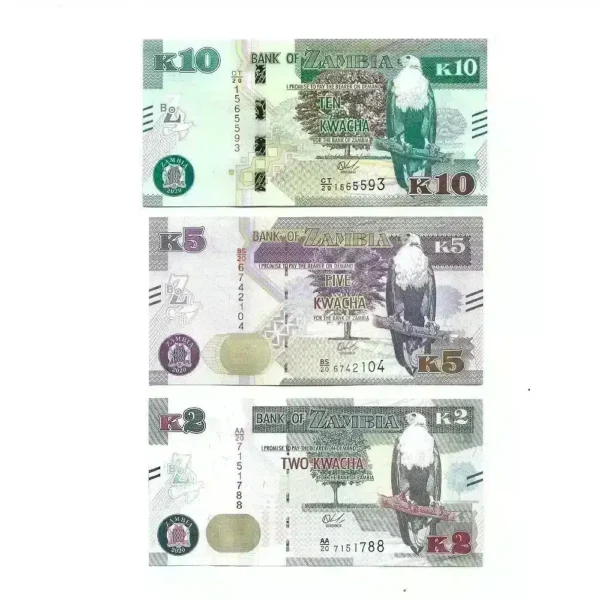Zambia 2, 5, 10 Kwacha UNC Banknotes et โ Pick#56, 57 & 58 Year (2022