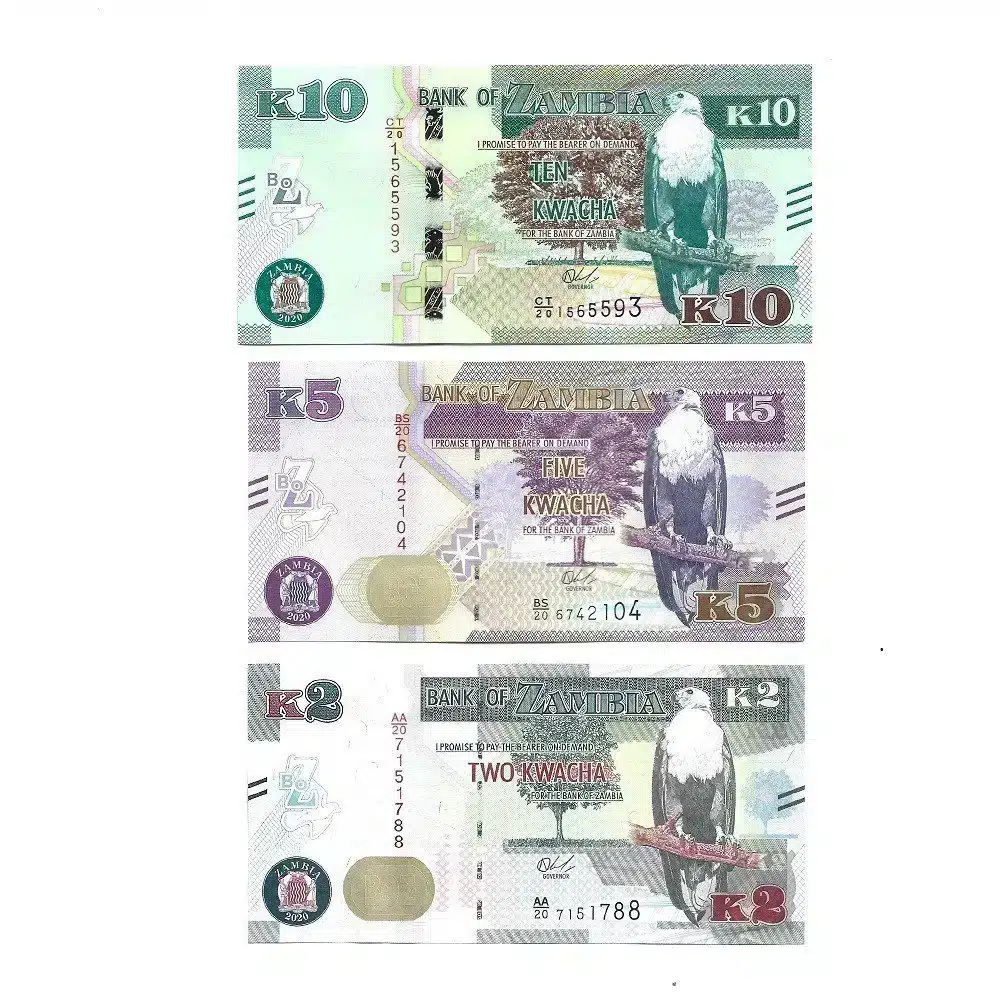 Zambia 2, 5, 10 Kwacha UNC Banknotes et – Pick#56, 57 & 58 Year (2022