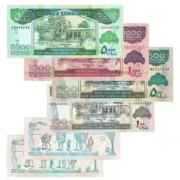 Somaliland UNC banknotes set, 5 Shilin Banknote , 50 Shilin Banknote , 100 Shilin Banknote Front, 500 Shilin Banknote , 1000 Shilin Banknote and 5000 Shilin Banknote, front view