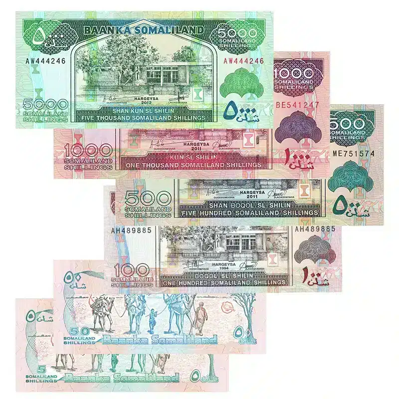 Somaliland UNC banknotes set, 5 Shilin Banknote , 50 Shilin Banknote , 100 Shilin Banknote Front, 500 Shilin Banknote , 1000 Shilin Banknote and 5000 Shilin Banknote, front view