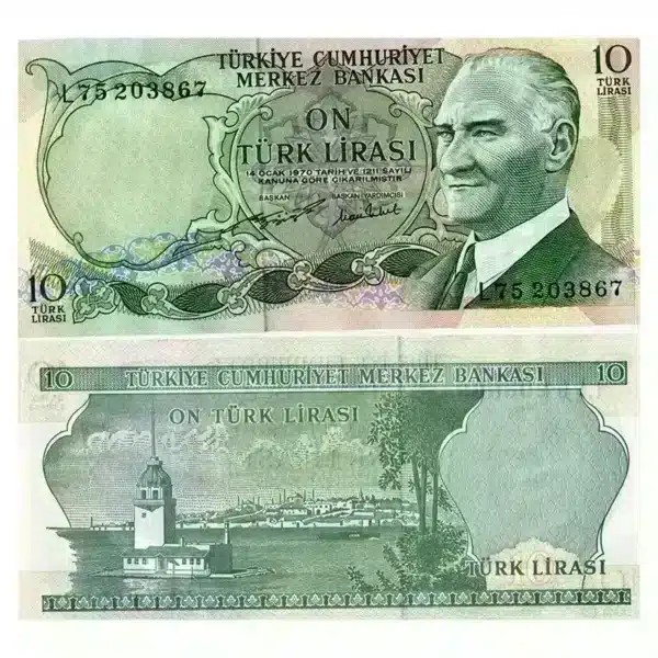 Turkey 10 Lira Banknote Front, Turkey 10 Lira Banknote Back, UNC Turkey 10 Lira Note, Historical Turkish Currency