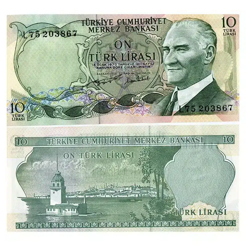 Turkey 10 Lira Banknote Front, Turkey 10 Lira Banknote Back, UNC Turkey 10 Lira Note, Historical Turkish Currency