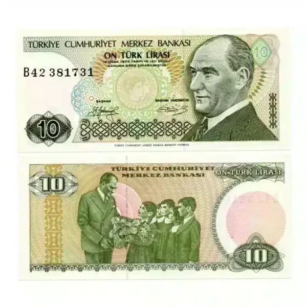 Turkey 10 Lira Banknote Front, Turkey 10 Lira Banknote Back, UNC Turkey 10 Lira Note, Historical Turkish Currency