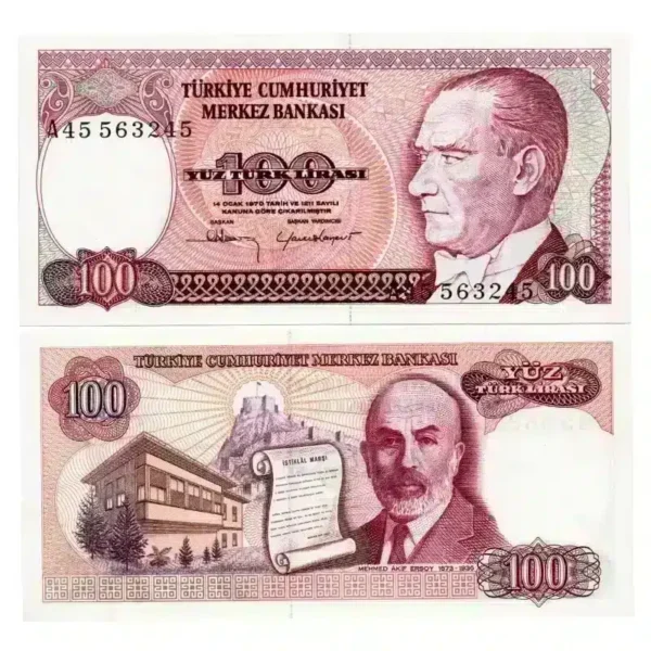 Turkey 100 Lira Banknote Front, Turkey 100 Lira Banknote Back, UNC Turkey 100 Lira Note, Historical Turkish Currency