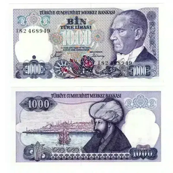 Turkey 1000 Lira Banknote Front, Turkey 1000 Lira Banknote Back, UNC Turkey 1000 Lira Note, Historical Turkish Currency