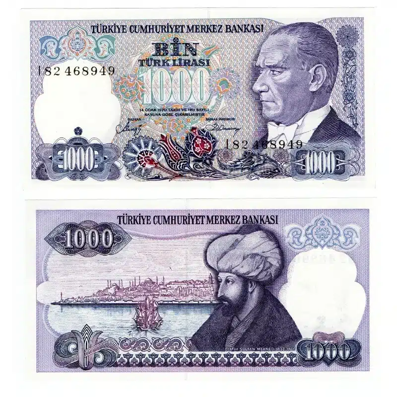 Turkey 1000 Lira Banknote Front, Turkey 1000 Lira Banknote Back, UNC Turkey 1000 Lira Note, Historical Turkish Currency