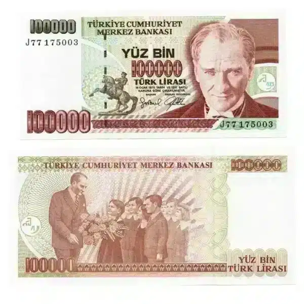 Turkey 100000 Lira Banknote Front, Turkey 100000 Lira Banknote Back, UNC Turkey 100000 Lira Note, Historical Turkish Currency