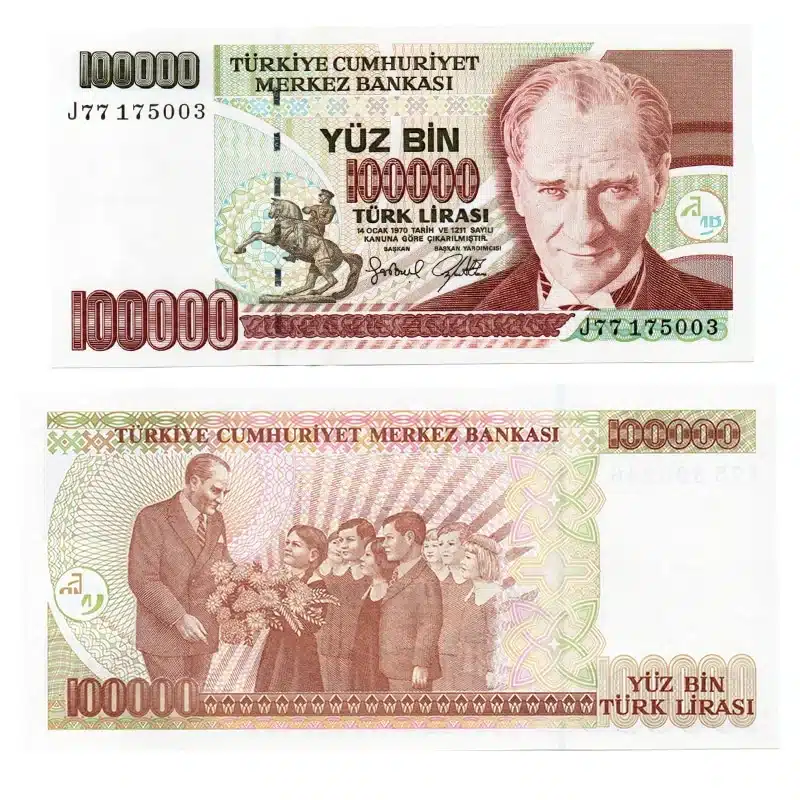Turkey 100000 Lira Banknote Front, Turkey 100000 Lira Banknote Back, UNC Turkey 100000 Lira Note, Historical Turkish Currency