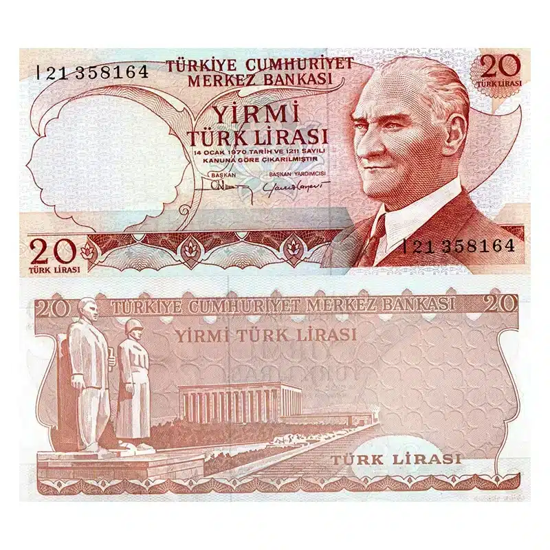 Turkey 20 Lira Banknote Front, Turkey 20 Lira Banknote Back, UNC Turkey 20 Lira Note, Historical Turkish Currency