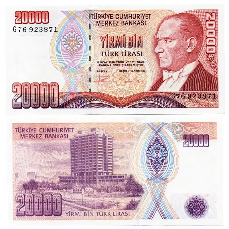 Turkey 20000 Lira Banknote Front, Turkey 20000 Lira Banknote Back, UNC Turkey 20000 Lira Note, Historical Turkish Currency