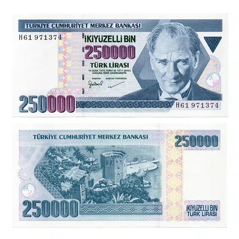 Turkey 250000 Lira Banknote Front, Turkey 250000 Lira Banknote Back, UNC Turkey 250000 Lira Note, Historical Turkish Currency