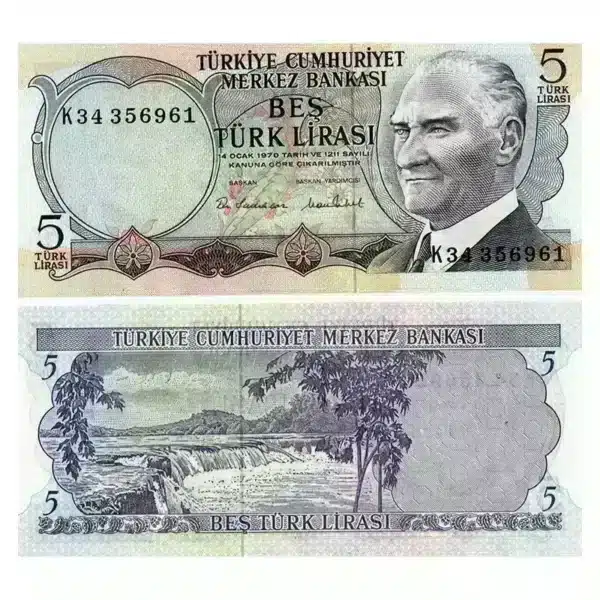 Turkey 5 Lira Banknote Front, Turkey 5 Lira Banknote Back, UNC Turkey 5 Lira Note, Historical Turkish Currency