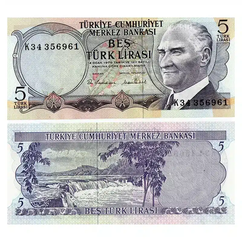 Turkey 5 Lira Banknote Front, Turkey 5 Lira Banknote Back, UNC Turkey 5 Lira Note, Historical Turkish Currency