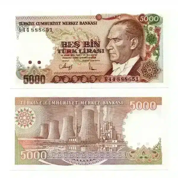 Turkey 5000 Lira Banknote Front, Turkey 5000 Lira Banknote Back, UNC Turkey 5000 Lira Note, Historical Turkish Currency Short Description:
