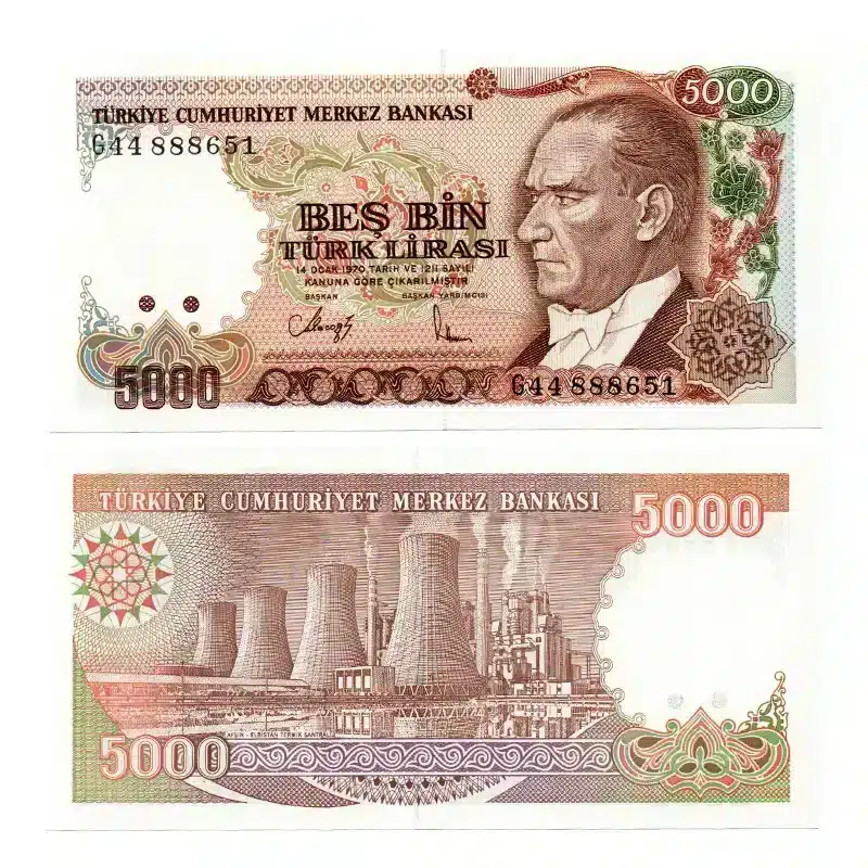 Turkey 5000 Lira Banknote Front, Turkey 5000 Lira Banknote Back, UNC Turkey 5000 Lira Note, Historical Turkish Currency Short Description: