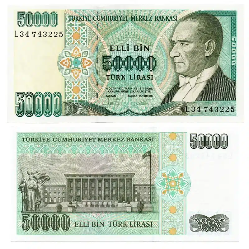 Turkey 50000 Lira Banknote Front, Turkey 50000 Lira Banknote Back, UNC Turkey 50000 Lira Note, Historical Turkish Currency