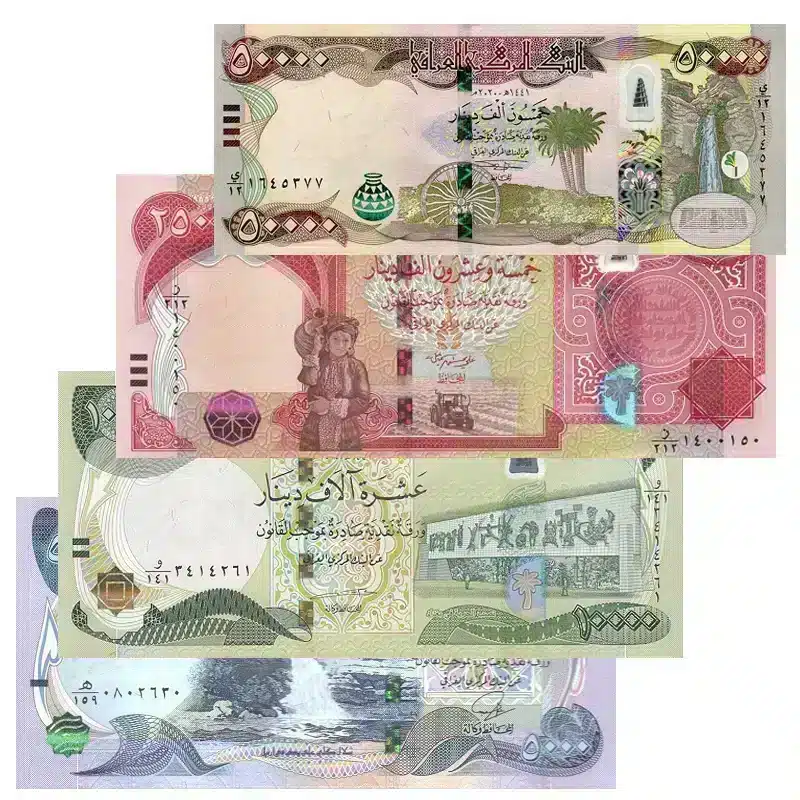 set of uncirculated Iraq banknotes (2018-2025) featuring 5000-50000 Dinar denominations in pristine condition